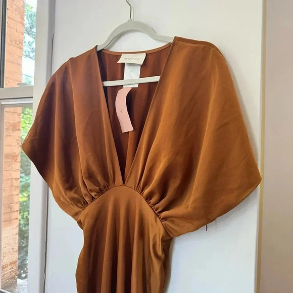 NWT Anthropologie BHLDN Amelia Deep V Satin Gown Maxi Dress Long in Rust Brown 4 - Picture 13 of 16